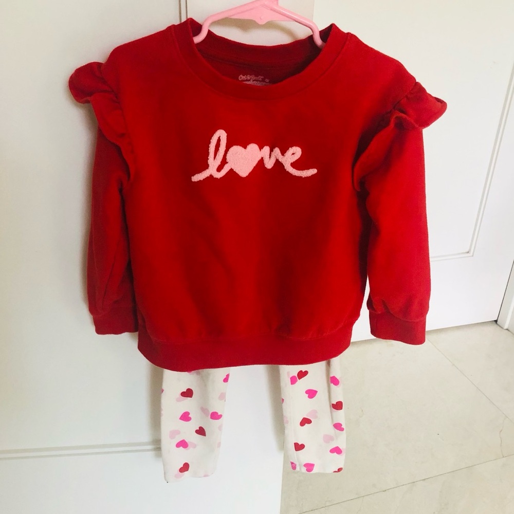 Cat & Jack Red Sweatshirt and White Heart Leggings Set